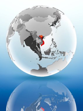 Vietnam bayrağı parlak yüzeye yansıtan dünya üzerinde. 3D çizim.
