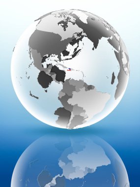 Parlak yüzey üzerinde yansıtan dünya üzerinde bayrak ile Haiti. 3D çizim.