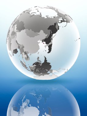 Güney Kore bayrağı parlak yüzeye yansıtan dünya üzerinde. 3D çizim.