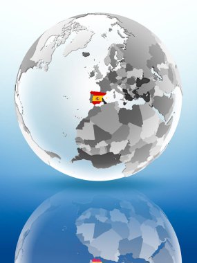 İspanya ile bayrak parlak yüzeye yansıtan dünya üzerinde. 3D çizim.