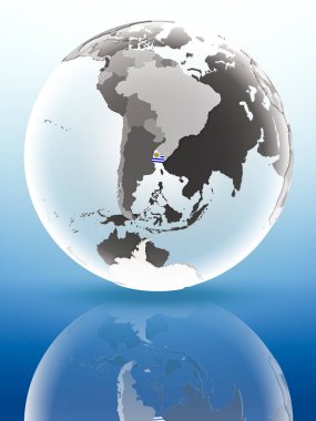 Uruguay bayrağı parlak yüzeye yansıtan dünya üzerinde. 3D çizim.