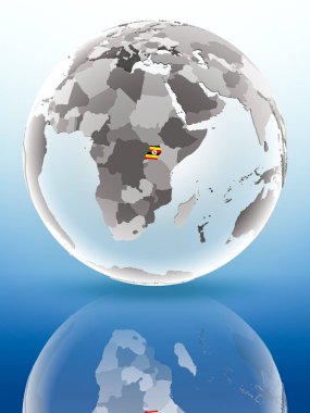 Uganda bayrağı parlak yüzeye yansıtan dünya üzerinde. 3D çizim.
