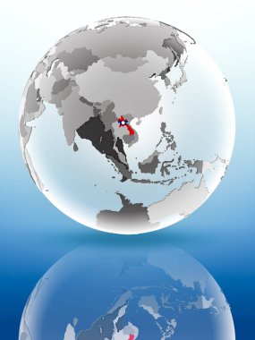 Laos bayrağı parlak yüzeye yansıtan dünya üzerinde. 3D çizim.