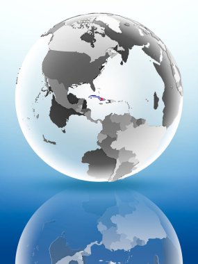 Küba bayrağı parlak yüzeye yansıtan dünya üzerinde. 3D çizim.