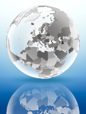 Bosna ve Hersek bayrağı parlak yüzeye yansıtan dünya üzerinde. 3D çizim.