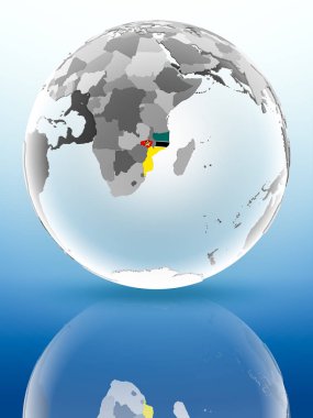 Mozambik parlak yüzeye yansıtan dünya üzerinde bayrak ile. 3D çizim.