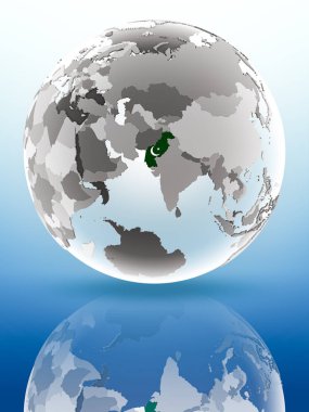 Pakistan bayrağı parlak yüzeye yansıtan dünya üzerinde. 3D çizim.