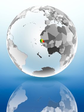 Senegal parlak yüzeye yansıtan dünya üzerinde bayrak ile. 3D çizim.