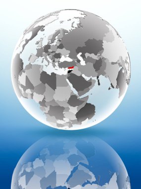 Suriye bayrağı parlak yüzeye yansıtan dünya üzerinde. 3D çizim.