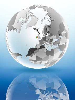 İrlanda bayrağı parlak yüzeye yansıtan dünya üzerinde. 3D çizim.