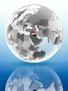 Irak bayrağı parlak yüzeye yansıtan dünya üzerinde. 3D çizim.