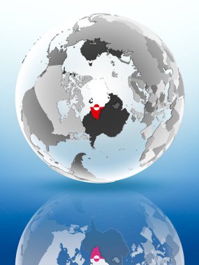 Grönland parlak yüzeye yansıtan dünya üzerinde bayrak ile. 3D çizim.