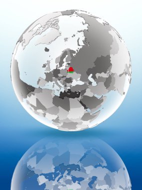 Parlak yüzey üzerinde yansıtan dünya üzerinde bayrak ile Beyaz Rusya. 3D çizim.