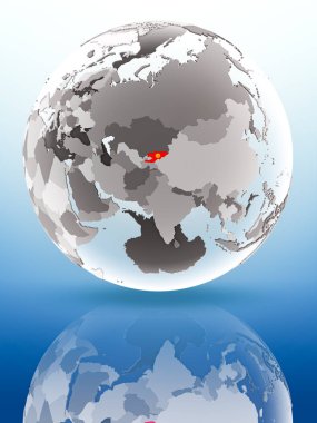 Kırgızistan bayrağı parlak yüzeye yansıtan dünya üzerinde. 3D çizim.