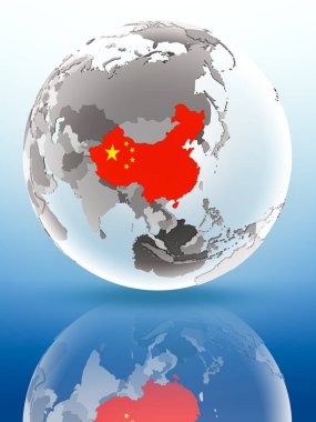 Çin ile bayrak parlak yüzeye yansıtan dünya üzerinde. 3D çizim.