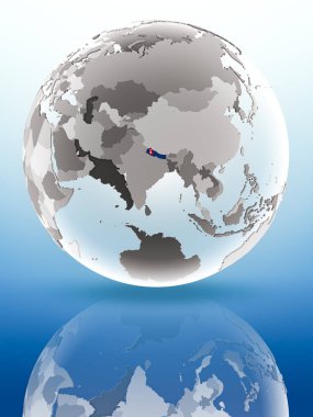 Nepal bayrağı parlak yüzeye yansıtan dünya üzerinde. 3D çizim.