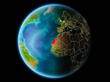 Batı Sahra görünür kenarlık çizgisi ve şehir ışıkları ile son derece detaylı yüzey dokuları ile gece Dünya gezegeninin yörüngeden. 3D çizim. Nasa tarafından döşenmiş bu görüntü unsurları.