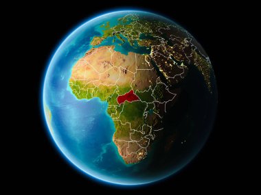 Son derece detaylı yüzey dokuları görünür kenarlık çizgileri ve şehir ışıkları ile gece Dünya gezegeninin yörüngeden Orta Afrika. 3D çizim. Nasa tarafından döşenmiş bu görüntü unsurları.