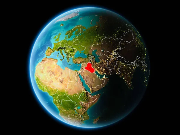 Son derece detaylı yüzey dokuları görünür kenarlık çizgileri ve şehir ışıkları ile gece Dünya gezegeninin yörüngesine Irak'tan. 3D çizim. Nasa tarafından döşenmiş bu görüntü unsurları.