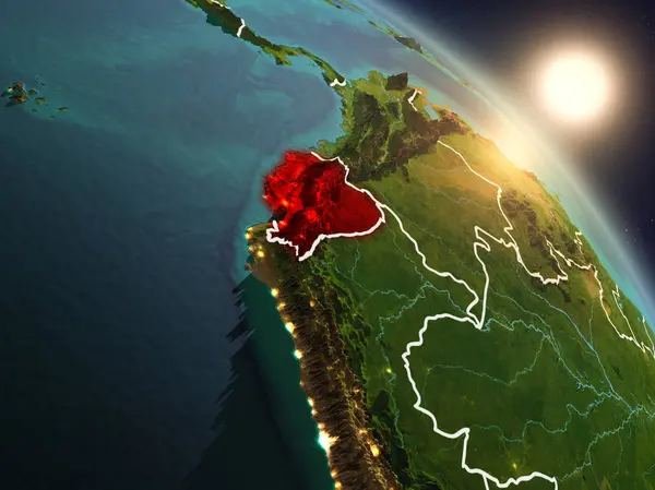 Günbatımı Ekvador Planet Earth görünür ülke sınırları ile uzaydan yukarıda. 3D çizim. Nasa tarafından döşenmiş bu görüntü unsurları.