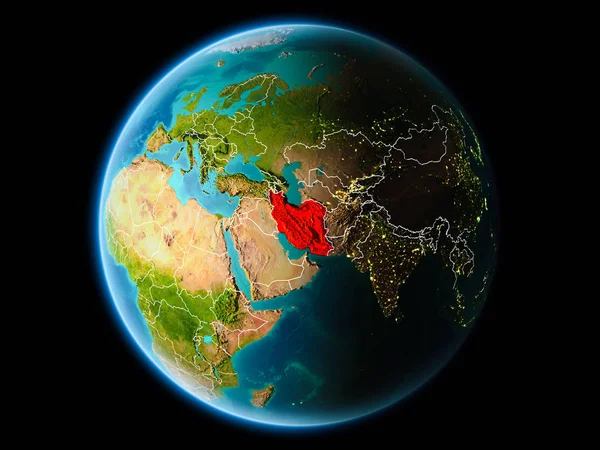 İran'dan son derece detaylı yüzey dokuları görünür kenarlık çizgileri ve şehir ışıkları ile gece Dünya gezegeninin yörüngesinde. 3D çizim. Nasa tarafından döşenmiş bu görüntü unsurları.