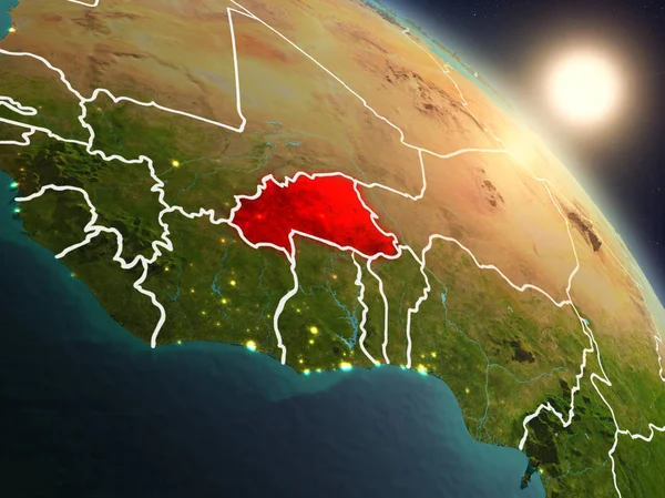 Burkina Faso Planet Earth görünür ülke sınırları ile uzaydan yukarıda gün batımı. 3D çizim. Nasa tarafından döşenmiş bu görüntü unsurları.