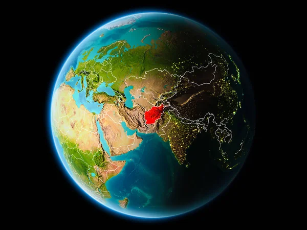 Son derece detaylı yüzey dokuları görünür kenarlık çizgileri ve şehir ışıkları ile gece Dünya gezegeninin yörüngesine Afganistan'dan. 3D çizim. Nasa tarafından döşenmiş bu görüntü unsurları.