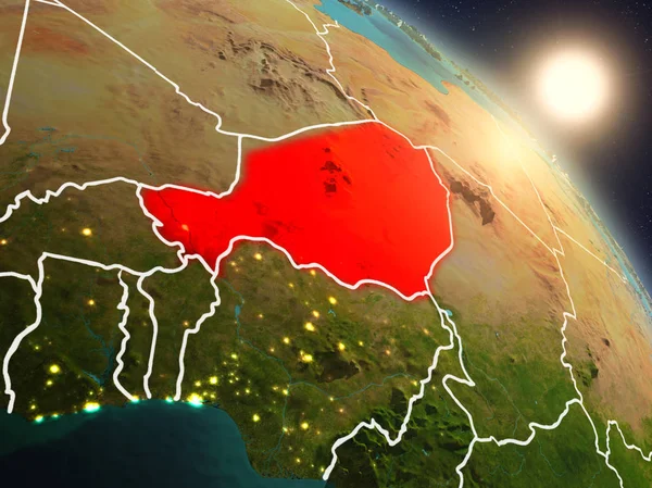 Zonsondergang Boven Niger Vanuit Ruimte Planeet Aarde Met Zichtbare Landsgrenzen — Stockfoto