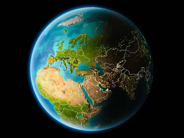 Gürcistan'dan son derece detaylı yüzey dokuları görünür kenarlık çizgileri ve şehir ışıkları ile gece Dünya gezegeninin yörüngesinde. 3D çizim. Nasa tarafından döşenmiş bu görüntü unsurları.
