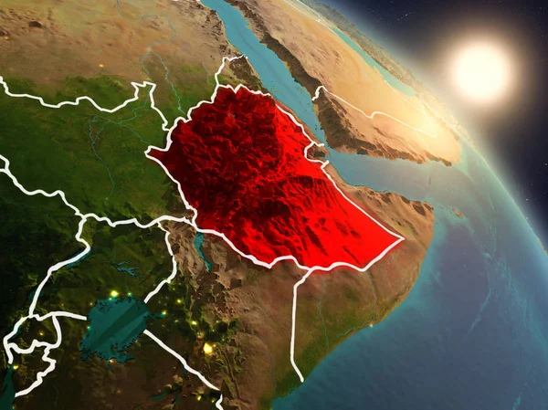 Günbatımı Etiyopya Planet Earth görünür ülke sınırları ile uzaydan yukarıda. 3D çizim. Nasa tarafından döşenmiş bu görüntü unsurları.