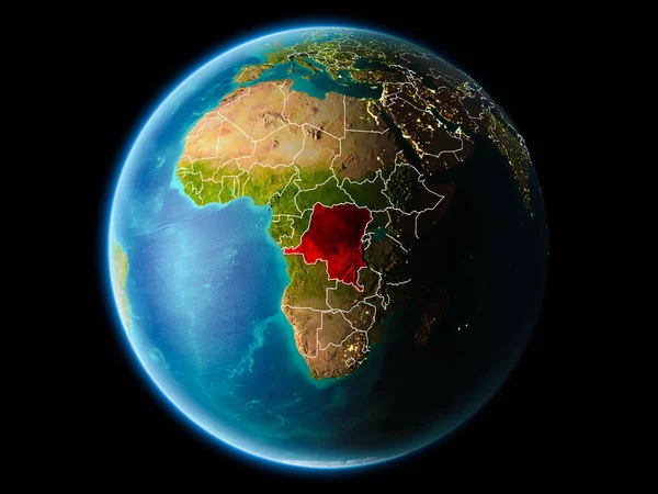Demokratik Kongo Cumhuriyeti son derece detaylı yüzey dokuları görünür kenarlık çizgileri ve şehir ışıkları ile gece Dünya gezegeninin yörüngeden. 3D çizim. Nasa tarafından döşenmiş bu görüntü unsurları.