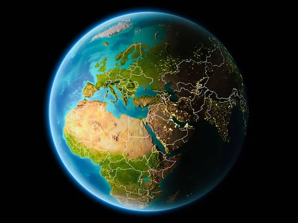 Lübnan'dan son derece detaylı yüzey dokuları görünür kenarlık çizgileri ve şehir ışıkları ile gece Dünya gezegeninin yörüngesinde. 3D çizim. Nasa tarafından döşenmiş bu görüntü unsurları.