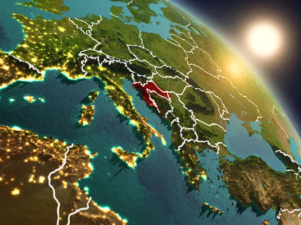 Gün batımı Hırvatistan Planet Earth görünür ülke sınırları ile uzaydan yukarıda. 3D çizim. Nasa tarafından döşenmiş bu görüntü unsurları.
