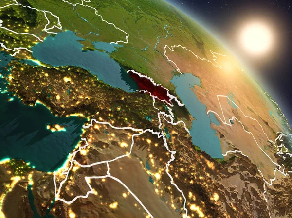 Gürcistan'dan alan Planet Earth görünür ülke sınırları ile yukarıda gün batımı. 3D çizim. Nasa tarafından döşenmiş bu görüntü unsurları.