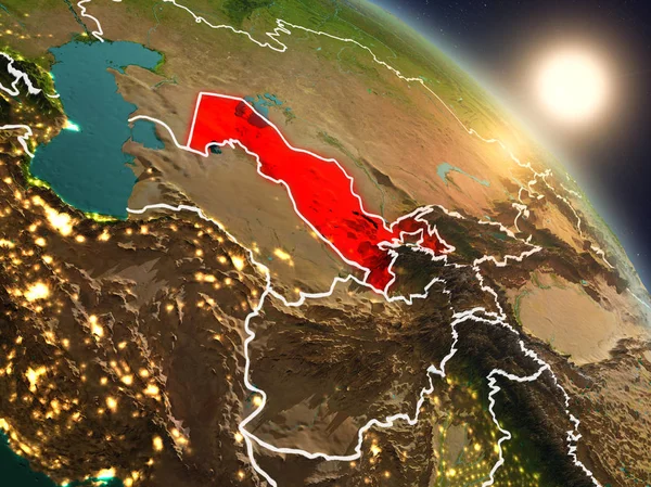 Günbatımı Özbekistan Planet Earth görünür ülke sınırları ile uzaydan yukarıda. 3D çizim. Nasa tarafından döşenmiş bu görüntü unsurları.