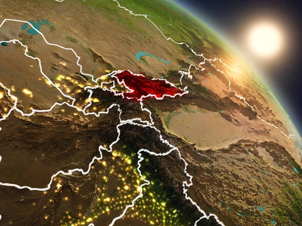 Günbatımı Kırgızistan Planet Earth görünür ülke sınırları ile uzaydan yukarıda. 3D çizim. Nasa tarafından döşenmiş bu görüntü unsurları.
