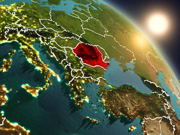 Günbatımı Romanya Planet Earth görünür ülke sınırları ile uzaydan yukarıda. 3D çizim. Nasa tarafından döşenmiş bu görüntü unsurları.
