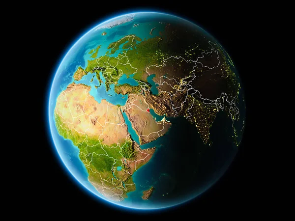 Son derece detaylı yüzey dokuları görünür kenarlık çizgileri ve şehir ışıkları ile gece Dünya gezegeninin yörüngesine Kuveyt'ten. 3D çizim. Nasa tarafından döşenmiş bu görüntü unsurları.