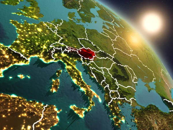 Günbatımı Avusturya Planet Earth görünür ülke sınırları ile uzaydan yukarıda. 3D çizim. Nasa tarafından döşenmiş bu görüntü unsurları.