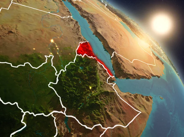 Günbatımı Eritre Planet Earth görünür ülke sınırları ile uzaydan yukarıda. 3D çizim. Nasa tarafından döşenmiş bu görüntü unsurları.