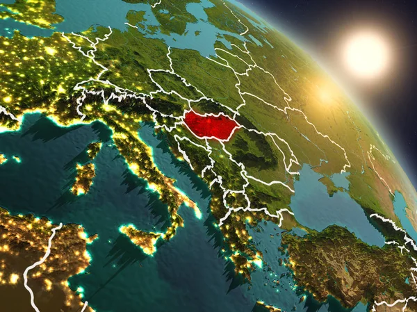 Günbatımı Macaristan Planet Earth görünür ülke sınırları ile uzaydan yukarıda. 3D çizim. Nasa tarafından döşenmiş bu görüntü unsurları.