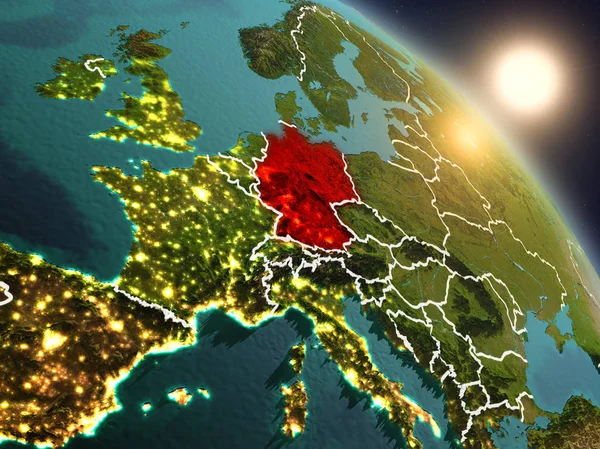 Günbatımı Almanya Planet Earth görünür ülke sınırları ile uzaydan yukarıda. 3D çizim. Nasa tarafından döşenmiş bu görüntü unsurları.