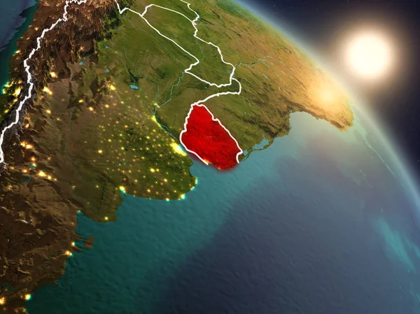 Günbatımı Uruguay Planet Earth görünür ülke sınırları ile uzaydan yukarıda. 3D çizim. Nasa tarafından döşenmiş bu görüntü unsurları.