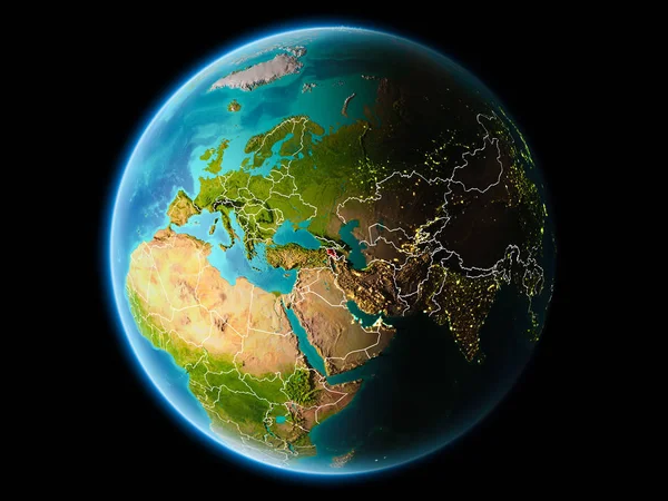 Son derece detaylı yüzey dokuları görünür kenarlık çizgileri ve şehir ışıkları ile gece Dünya gezegeninin yörüngesine Ermenistan'dan. 3D çizim. Nasa tarafından döşenmiş bu görüntü unsurları.