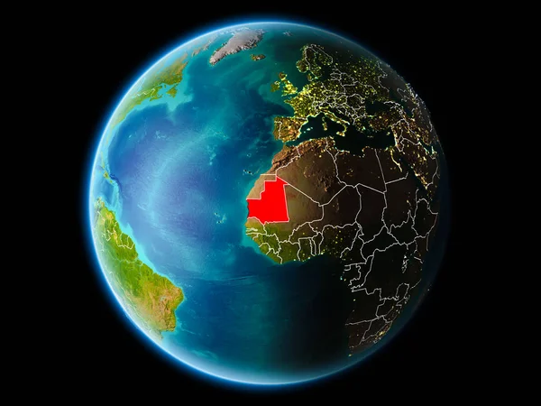 Moritanya görünür kenarlık çizgisi ve şehir ışıkları ile son derece detaylı yüzey dokuları ile gece Dünya gezegeninin yörüngeden. 3D çizim. Nasa tarafından döşenmiş bu görüntü unsurları.