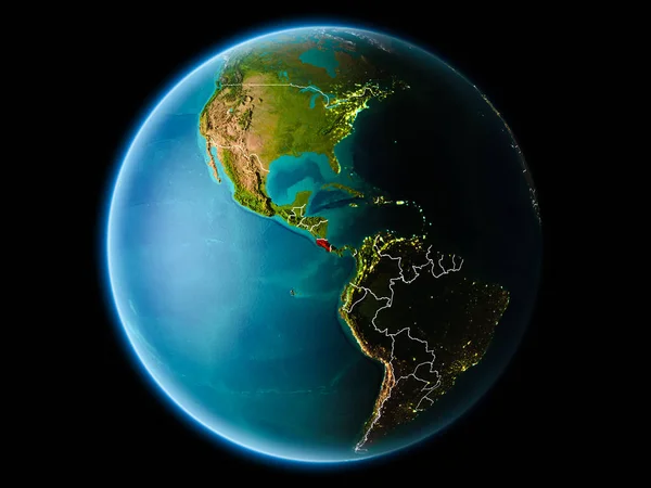 哥斯达黎加从行星地球的轨道在晚上与高度详细的表面纹理与可看见的边界线和城市光 Nasa 提供的这个图像的元素 — 图库照片