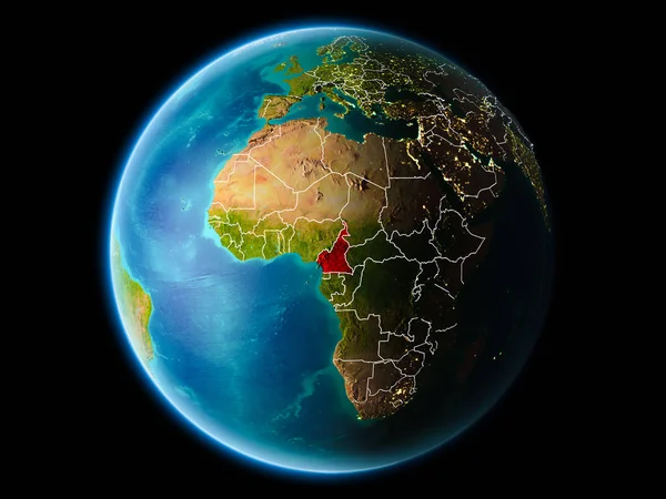 Камерун Орбиты Планеты Земля Ночью Подробными Поверхностными Текстурами Видимыми Пограничными — стоковое фото