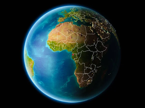 Ekvator Ginesi görünür kenarlık çizgisi ve şehir ışıkları ile son derece detaylı yüzey dokuları ile gece Dünya gezegeninin yörüngeden. 3D çizim. Nasa tarafından döşenmiş bu görüntü unsurları.