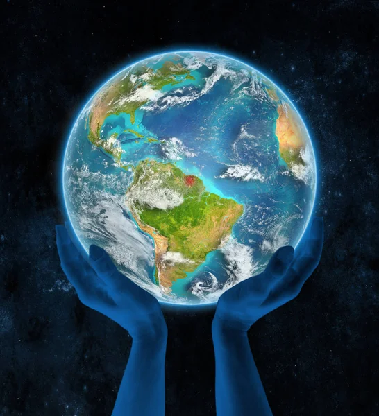 空間での手で地球にスリナム イラストレーション — ストック写真