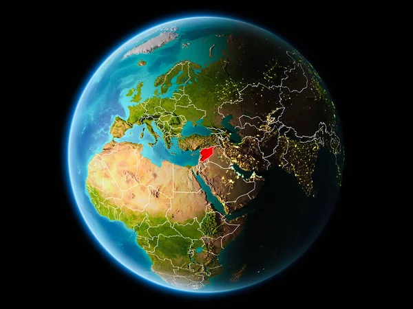 Son derece detaylı yüzey dokuları görünür kenarlık çizgileri ve şehir ışıkları ile gece Dünya gezegeninin yörüngesine Suriye'den. 3D çizim. Nasa tarafından döşenmiş bu görüntü unsurları.